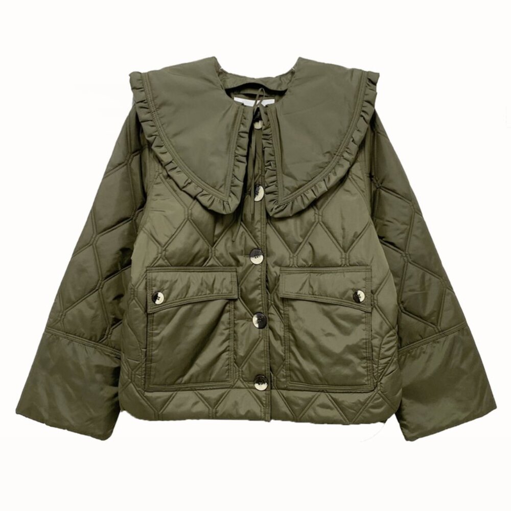 Ganni Ripstop Recycled Quilted Oversized Ruffle Collared Jacket - Kalamata